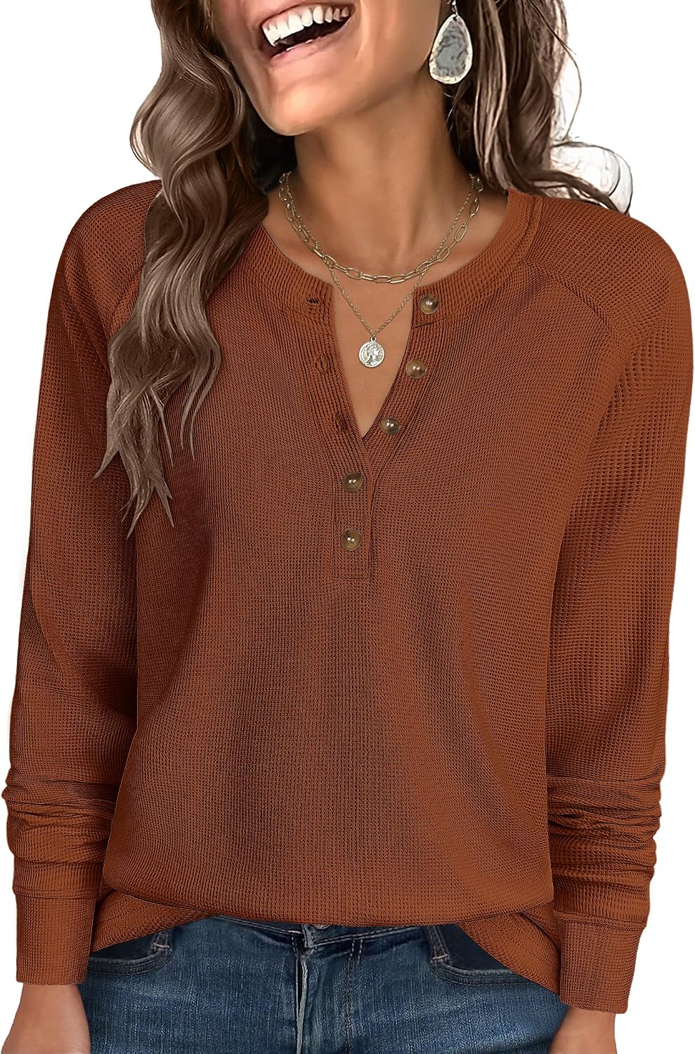 Women's Waffle Knit Henley Top Long Sleeve Shirts