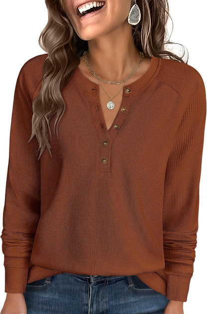 Women's Waffle Knit Henley Top Long Sleeve Shirts