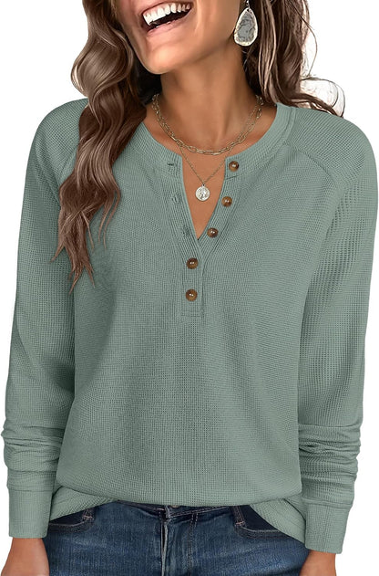 Women's Waffle Knit Henley Top Long Sleeve Shirts