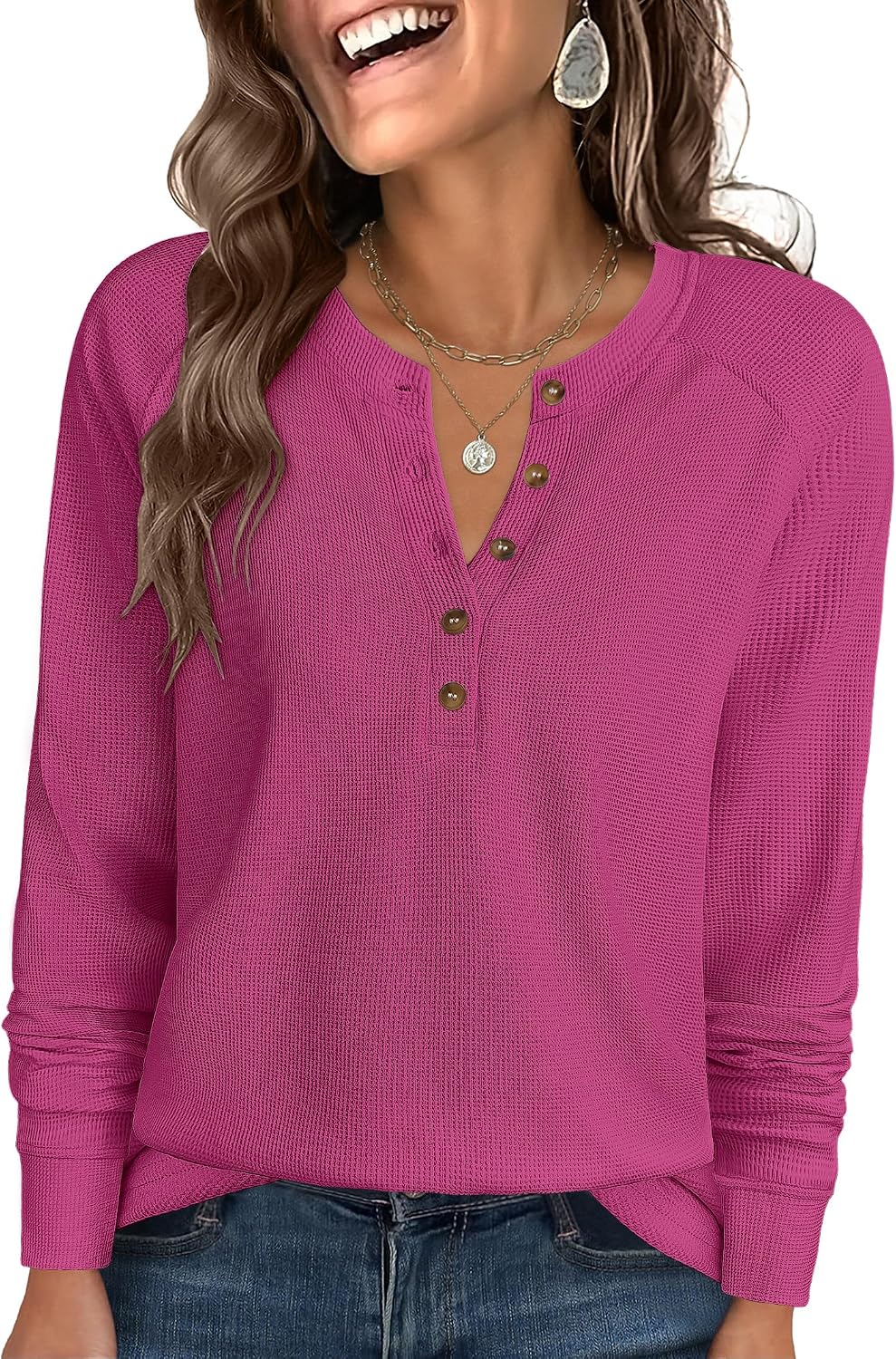 Women's Waffle Knit Henley Top Long Sleeve Shirts