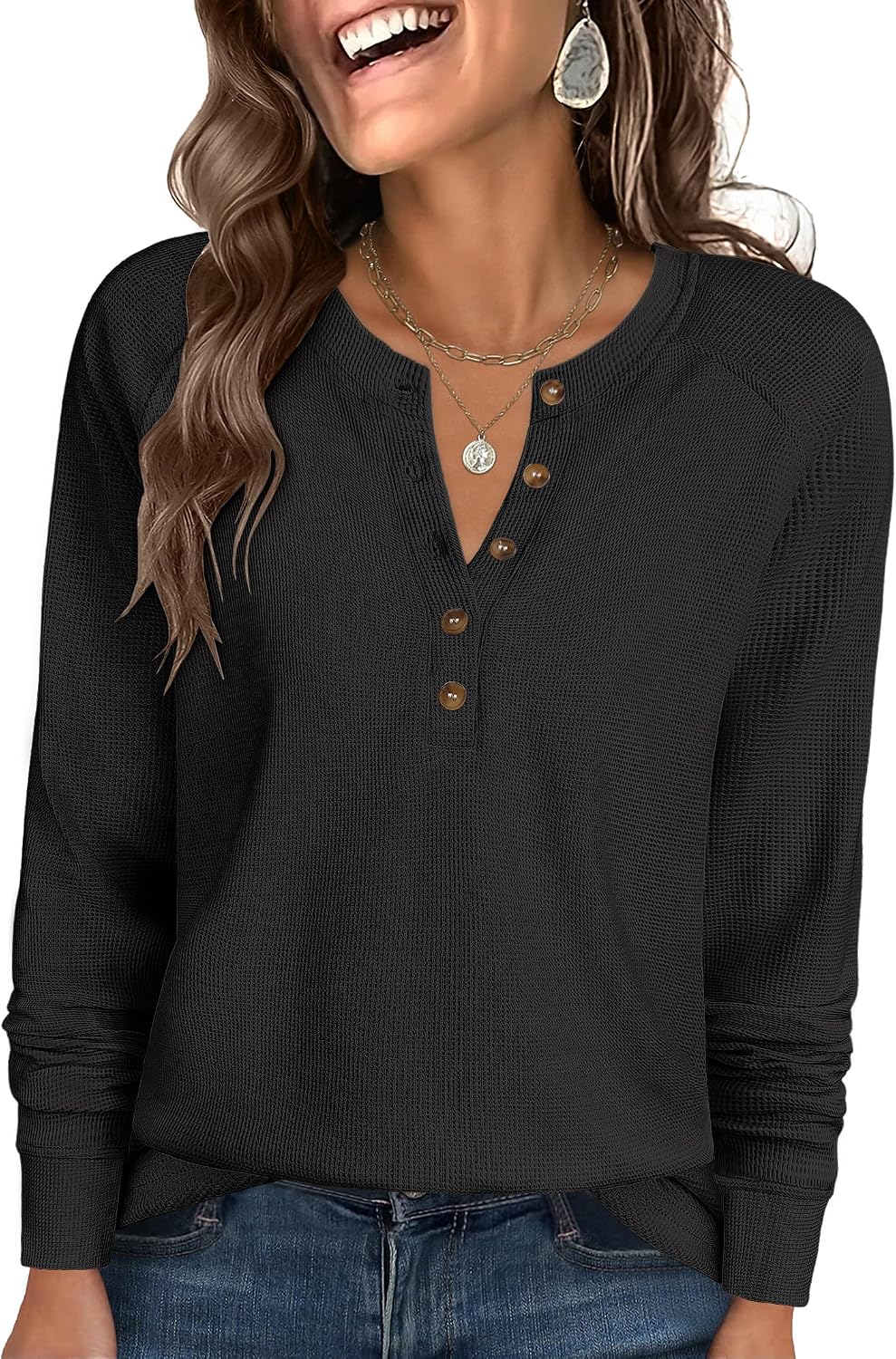 Women's Waffle Knit Henley Top Long Sleeve Shirts