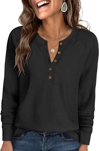 Women's Waffle Knit Henley Top Long Sleeve Shirts