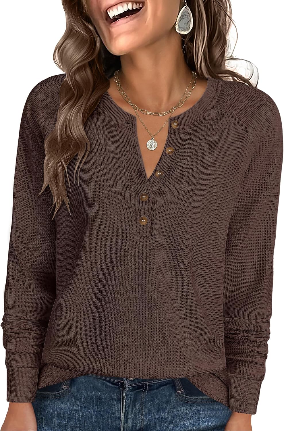 Women's Waffle Knit Henley Top Long Sleeve Shirts