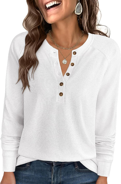 Women's Waffle Knit Henley Top Long Sleeve Shirts