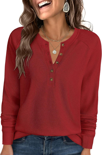 Women's Waffle Knit Henley Top Long Sleeve Shirts