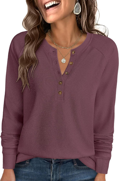 Women's Waffle Knit Henley Top Long Sleeve Shirts
