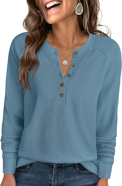 Women's Waffle Knit Henley Top Long Sleeve Shirts