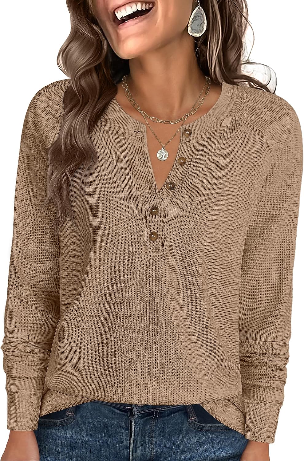 Women's Waffle Knit Henley Top Long Sleeve Shirts