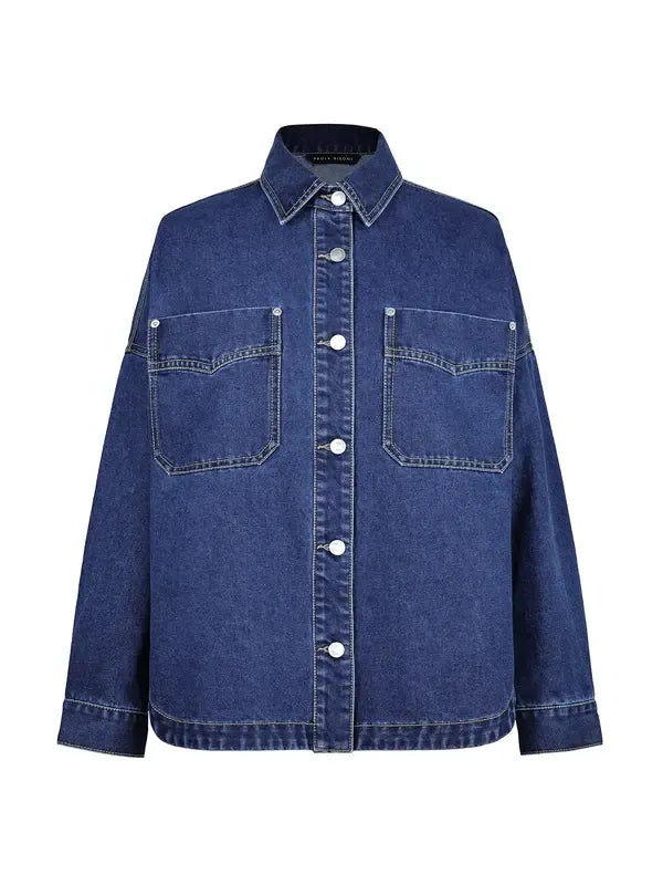 Women's Plain Button Front Drop Shoulder Curved Hem Denim Jacket