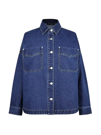 Women's Plain Button Front Drop Shoulder Curved Hem Denim Jacket