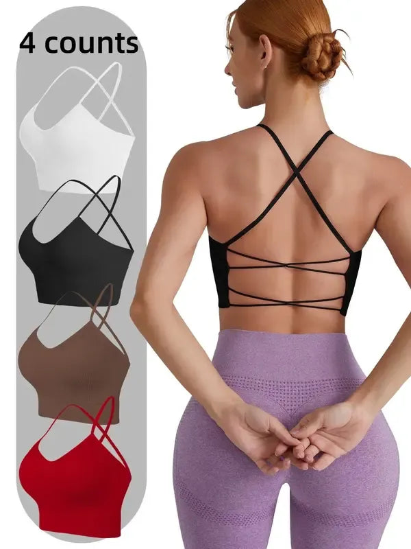 Women's 4pcs Solid Criss Cross Backless Sports Bra