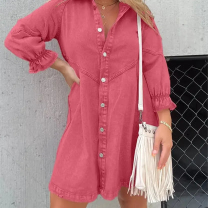Washed Denim Puff Sleeve Mini Dress