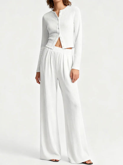 Women's Solid Button Front Ribbed Crop Top & Elastic Waist Pants 2 Piece Set