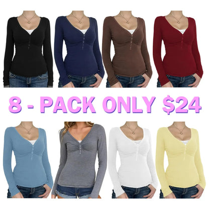 Women's Contrast Lace Button V Neck Tee