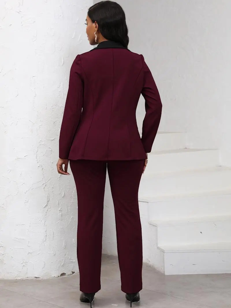 Women's Colorblock Blazer & Straight Leg Pants Set Suits