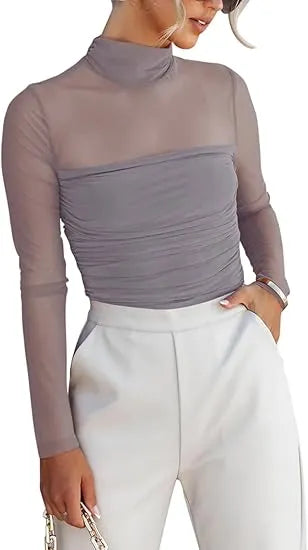 Women’s Long Sleeve Sheer Mesh Ruched Going Out Bodysuits Tops