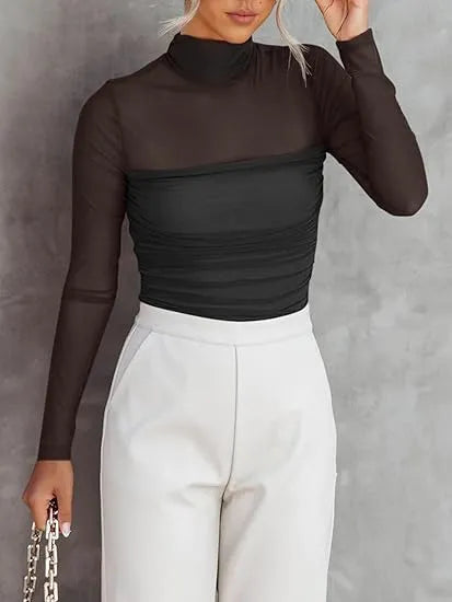 Women’s Long Sleeve Sheer Mesh Ruched Going Out Bodysuits Tops