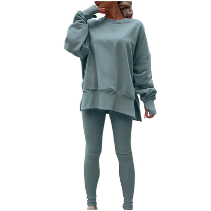 Women's Fashionable Solid Color Casual Long Sleeved Round Neck Hoodie Top Stripe Pants Set
