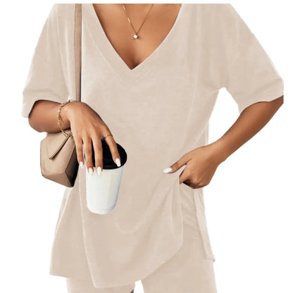 Women's Two-Piece Pajama Set Casual Oversized V Neck Split Hem