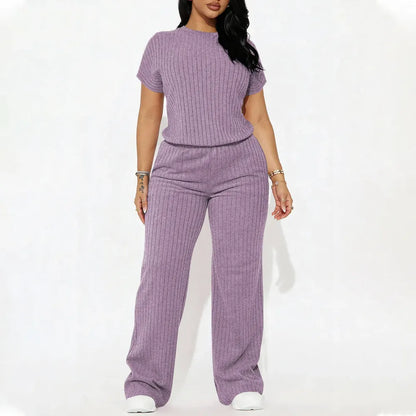 Women's Solid Shortsleeve Crewneck Ribbed Top & Wide Leg Pants