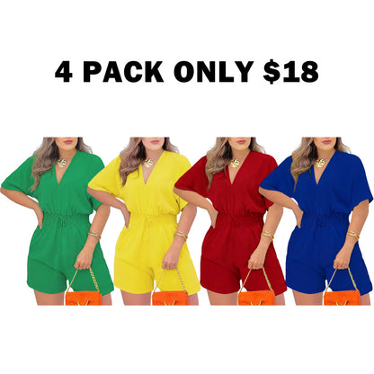 Women's Plain Drawstring Shirred Waist Fitted V Neck Romper