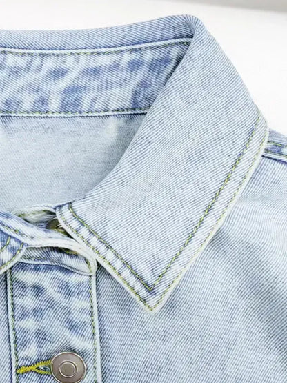 Women's Plain Button Front Drop Shoulder Curved Hem Denim Jacket