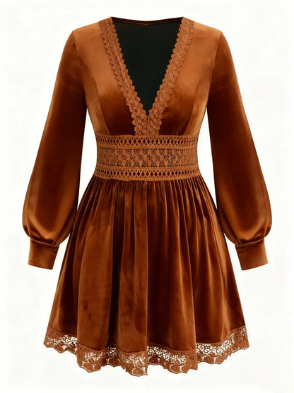 Velvet Lace Patchwork Lantern Sleeve Long Dress