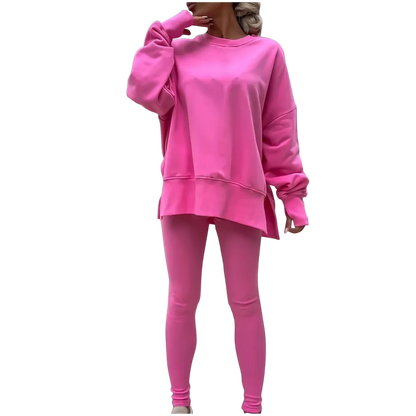 Women's Fashionable Solid Color Casual Long Sleeved Round Neck Hoodie Top Stripe Pants Set
