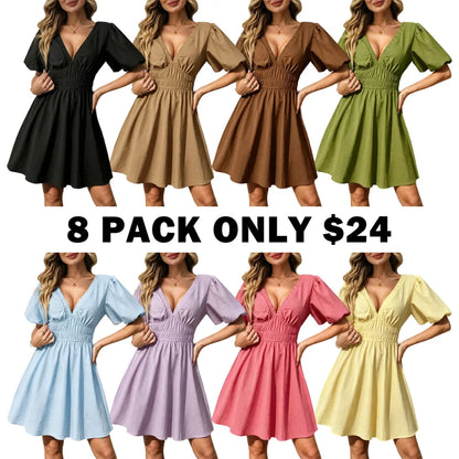 Women's Boho Puff Sleeve Textured Cotton Mini Dress with Pockets
