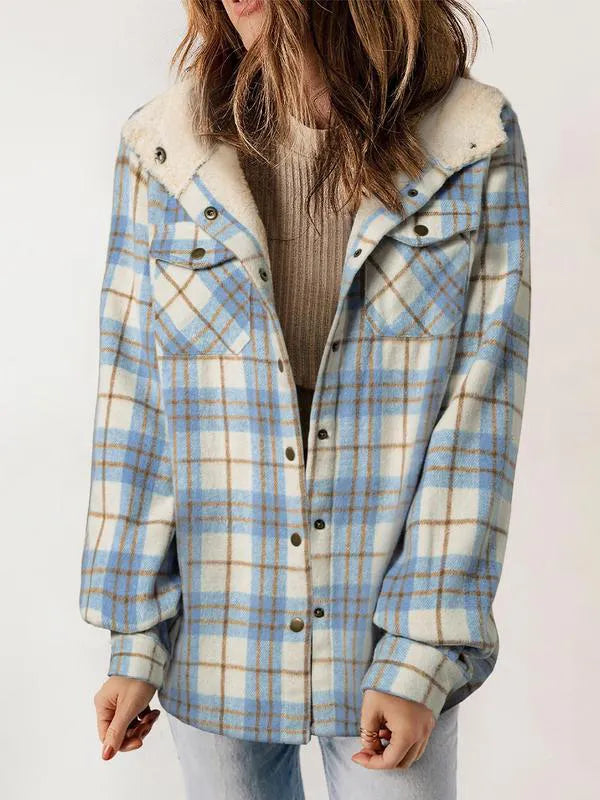 Women's Plaid / Houndstooth Print Button Front Hooded Coat