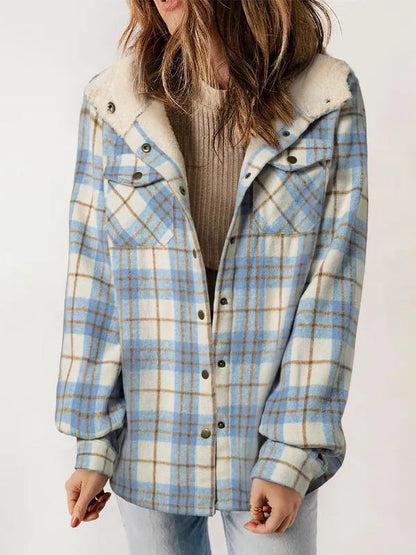 Women's Plaid / Houndstooth Print Button Front Hooded Coat