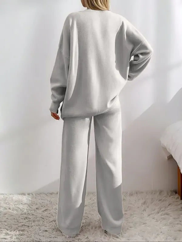 Women's Solid V Neck Cardigan & Elastic Waist Wide Leg Pants Two-piece Set