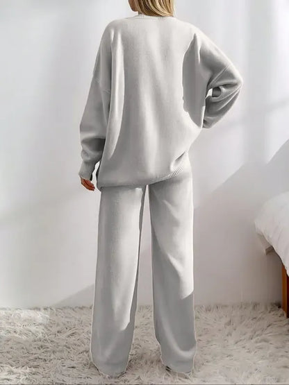 Women's Solid V Neck Cardigan & Elastic Waist Wide Leg Pants Two-piece Set