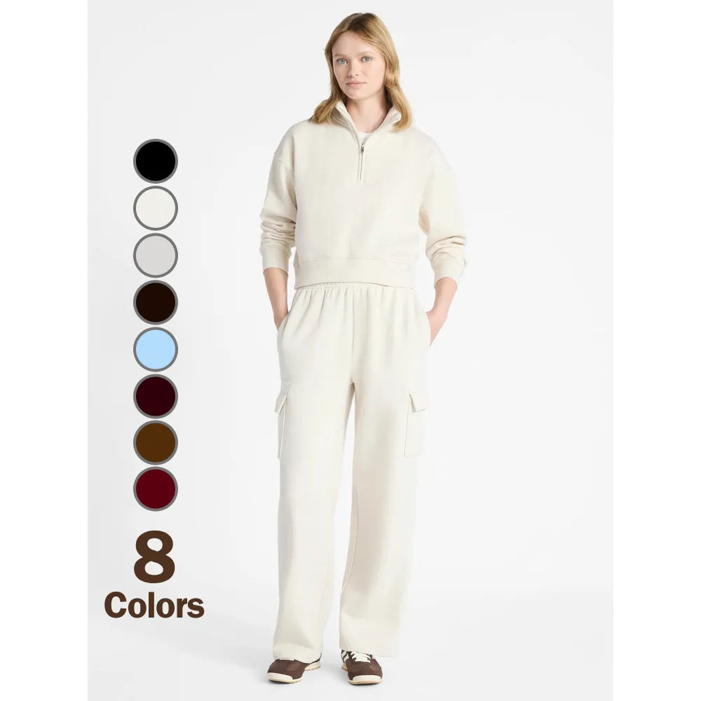 Fleece Half Zip Pullover & Cargo Wide-Leg Pants 2-Piece Set