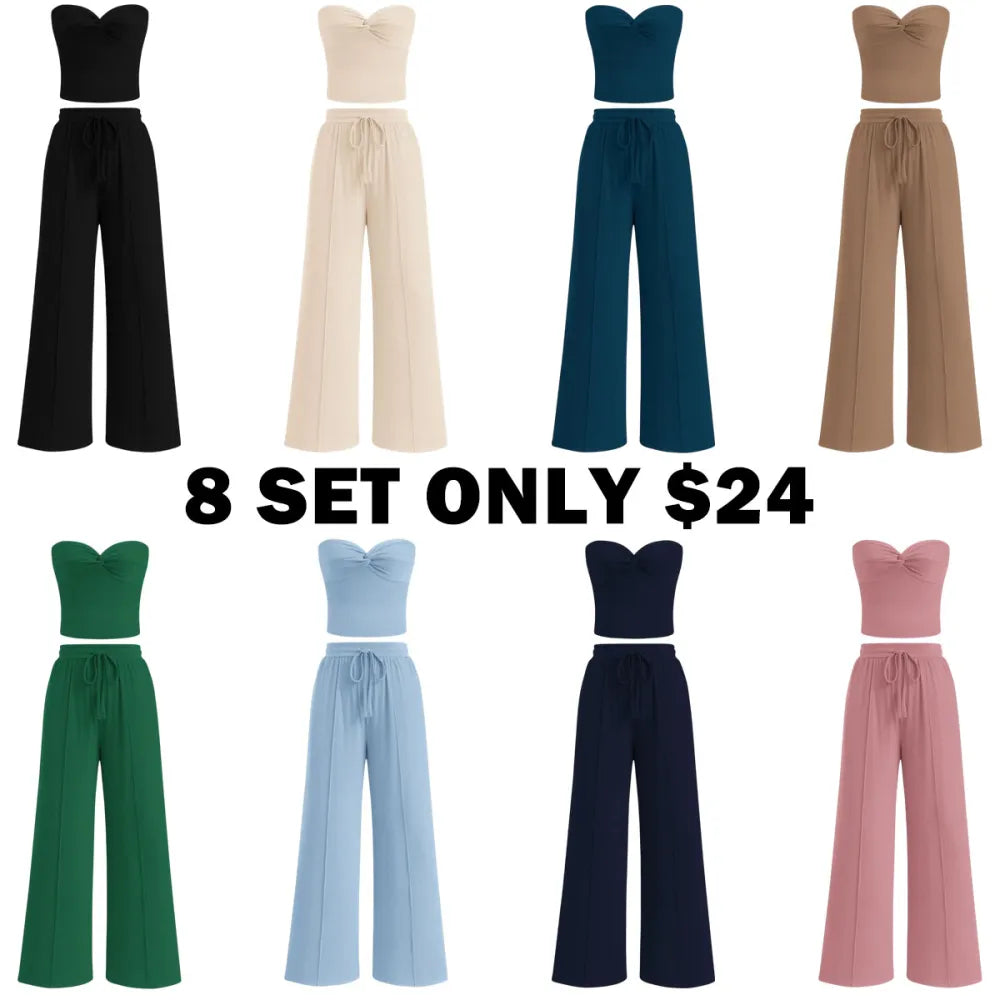 Women Summer Ribbed Strapless Twist Knot Tube Top Pants Set