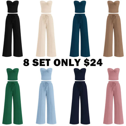 Women Summer Ribbed Strapless Twist Knot Tube Top Pants Set