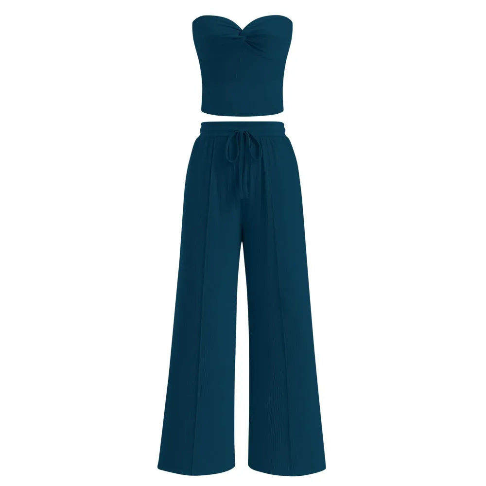 Women Summer Ribbed Strapless Twist Knot Tube Top Pants Set