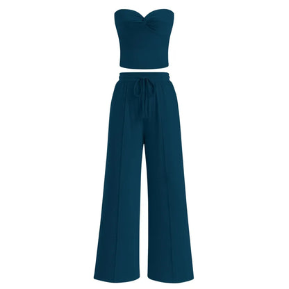 Women Summer Ribbed Strapless Twist Knot Tube Top Pants Set