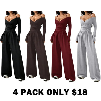 Women's Solid Color Off-Shoulder Ruched Wide Leg Casual Jumpsuit