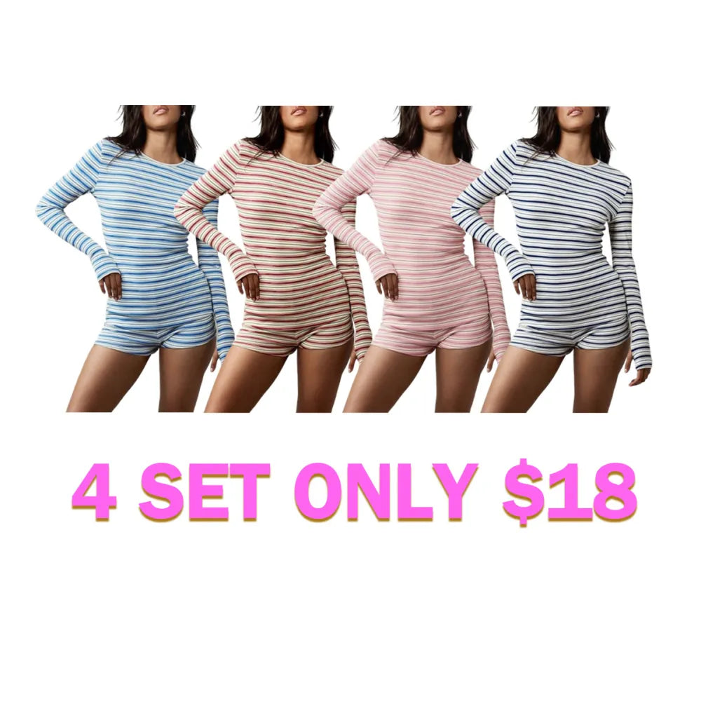 Women's Striped Knit Casual Long Sleeve Top & High Waist Elastic Sporty Shorts Set