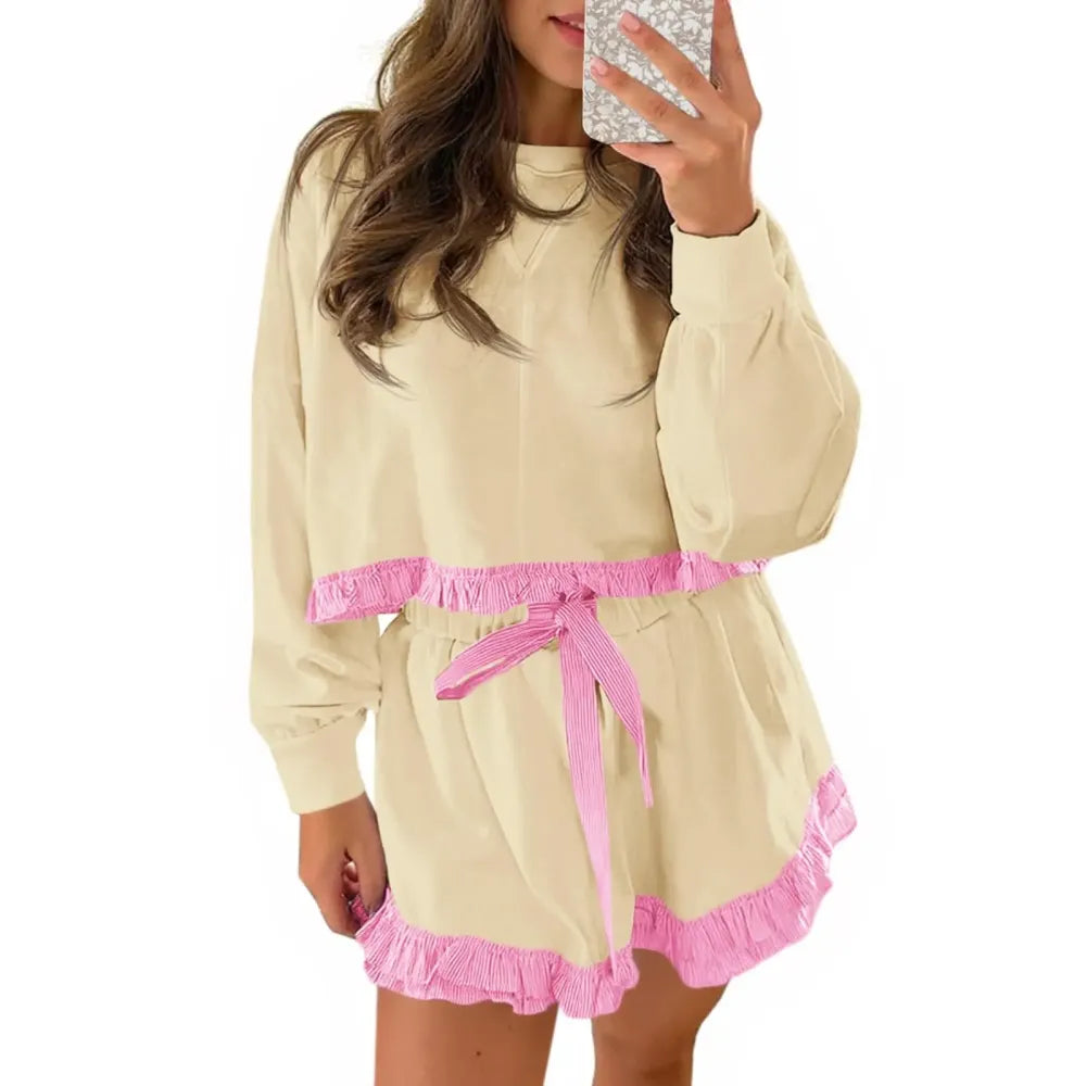 Women's 2 Piece Lounge Sets Ruffle Color Block Cropped Sweatshirts