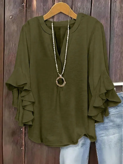Plus Size Women's Ruffle Sleeve Notched-Neck Fitted Blouse