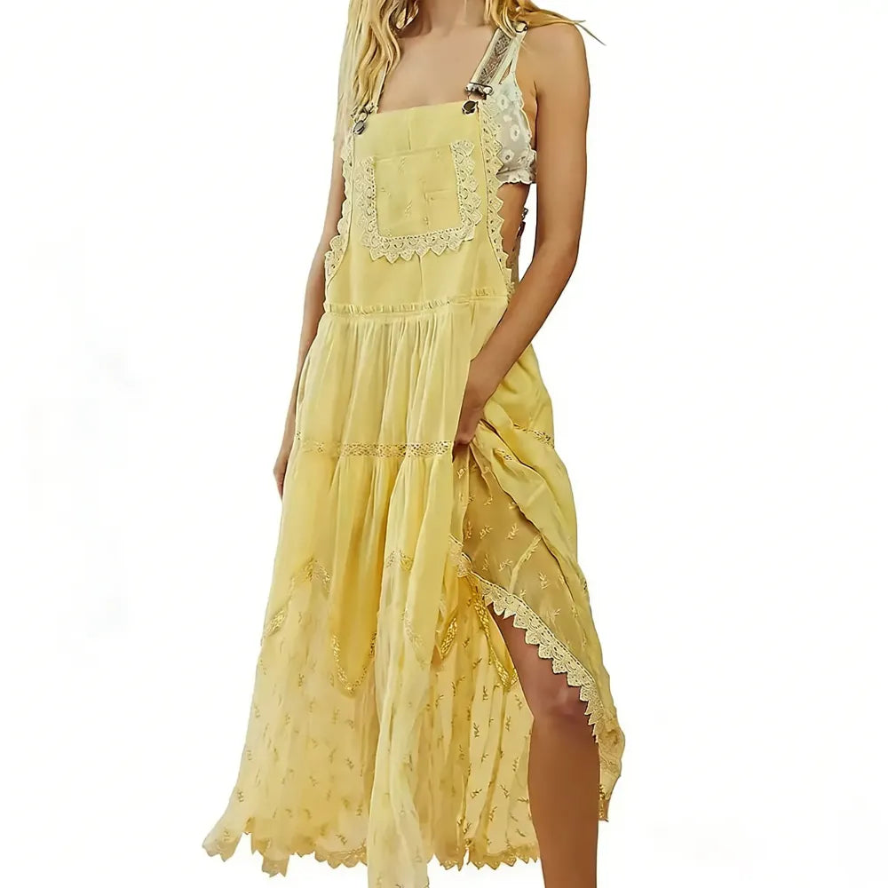 Women's Basic Minimalist Sleeveless Laced Embroidered Tulle Bib Dress