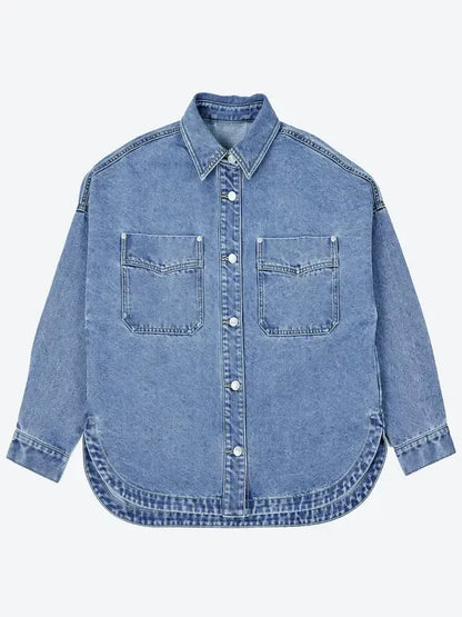 Women's Plain Button Front Drop Shoulder Curved Hem Denim Jacket