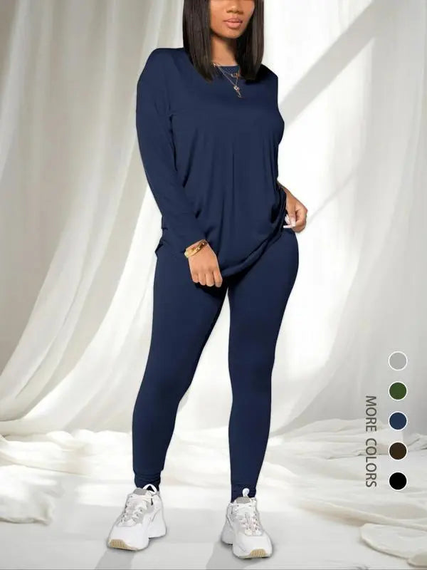 Women's Solid Drop Shoulder Tee & Elastic Waist Skinny Pants Two-piece Set