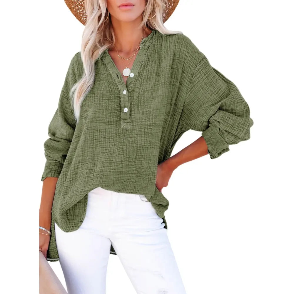 Women's Casual Button V Neck Long Sleeve Shirts