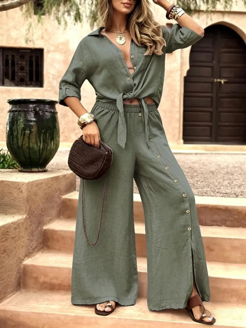 Women's Long Sleeve Loose Fit Shirt Set with Tie Hem