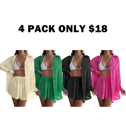 Women's Solid Button Front Pocket Sheer Cover Up Shirt & Shorts Set