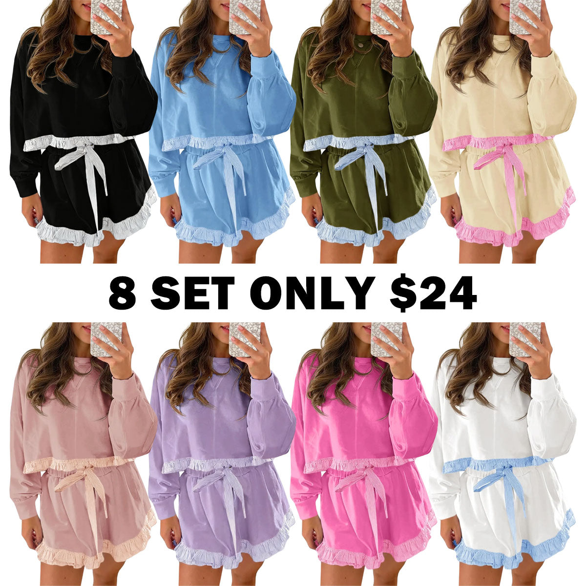 Women's 2 Piece Lounge Sets Ruffle Color Block Cropped Sweatshirts