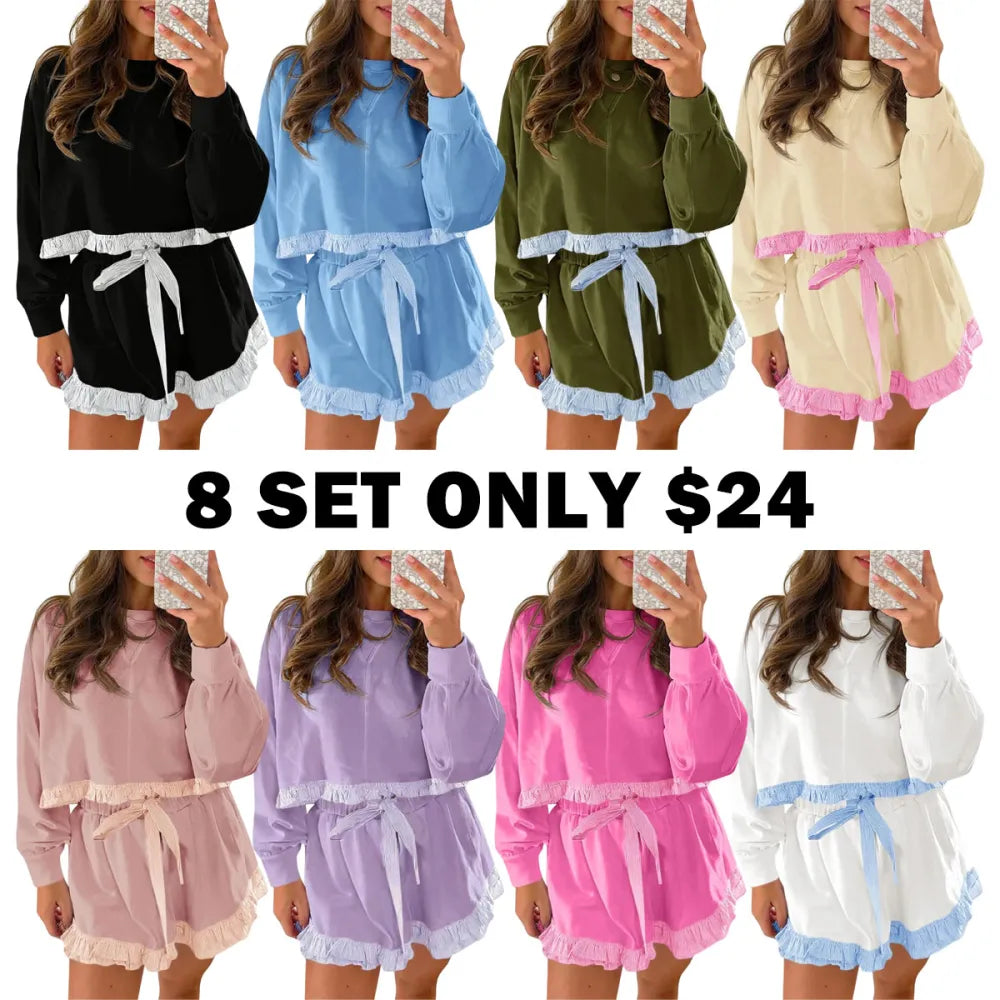 Women's 2 Piece Lounge Sets Ruffle Color Block Cropped Sweatshirts